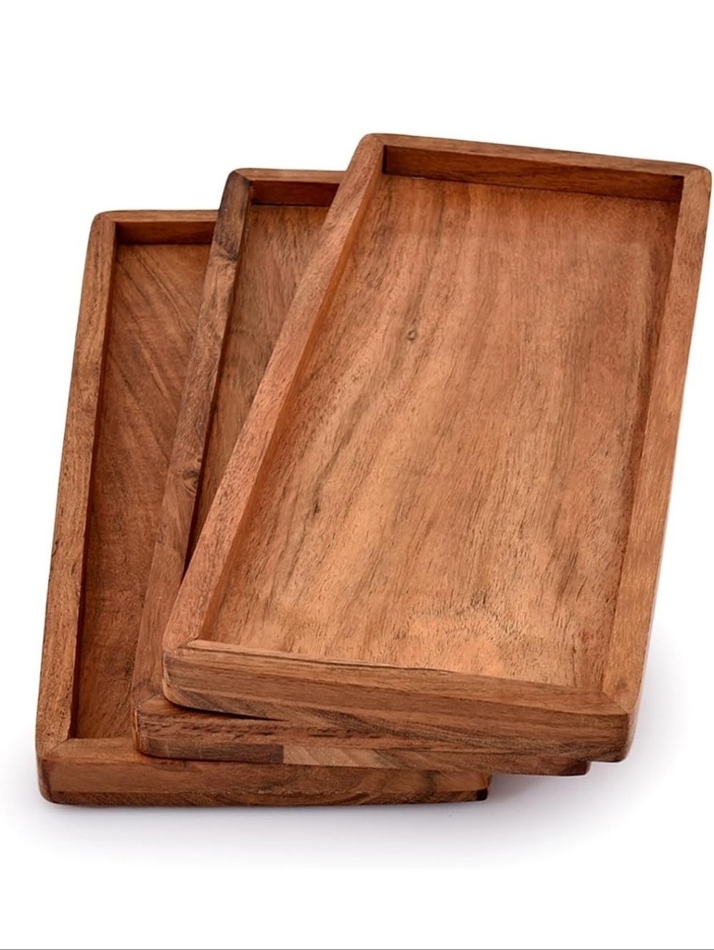 Set of 3 Antiqued Rectangle Carved Mango Wood Food Trays Vanity Tray Bohemian